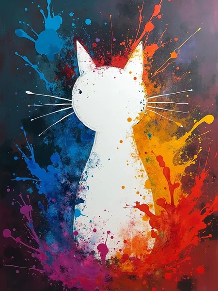 A swirl of colorful paints, abstract art dark background, dynamic angle, bright colors, paint drips, canvas in the middle, with abstract paint splashes and smudges. negative space themed, the center is a perfectly empty clean white canvas shaped like a cat.