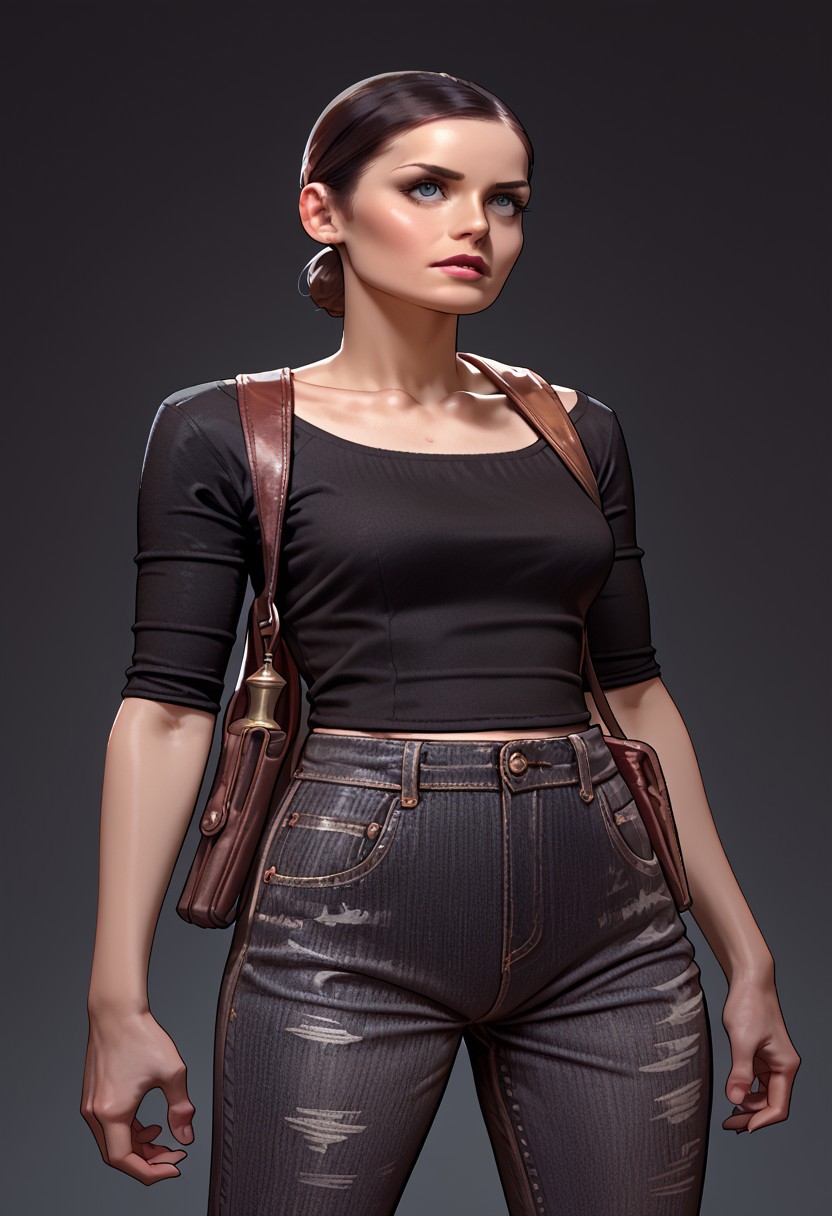 score_9, score_8_up, score_7_up, score_6_up, score_5_up, score_4_up, mona_sax_mp2, 1girl, black top, jean pants, leather shoulder holster, adult woman