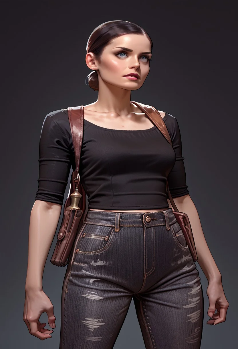 score_9, score_8_up, score_7_up, score_6_up, score_5_up, score_4_up, mona_sax_mp2, 1girl, black top, jean pants, leather shoulder holster, adult woman