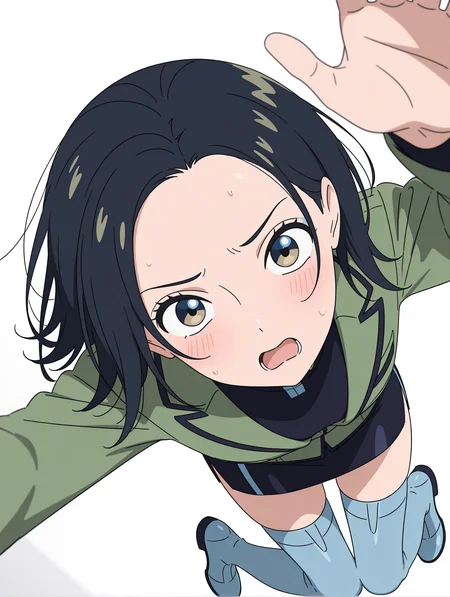 masterpiece,best quality,newest,1girl,solo,
<lora:comoli_harcourt_ilxl_v1,1:1>,comoli,short hair,c_clothes,green jacket,black pencil skirt,zettai ryouiki,blue thighhighs,blue footwear,boots,
<lora:Fixhands_anime_bdsqlsz_V1:1>,(looking_at_viewer:1.2),simple_background,white background,upper_body,light_blush,from_side,from_above,profile,Inside a Spaceship,reaching towards viewer,panicking,open mouth,sweat,jumping,