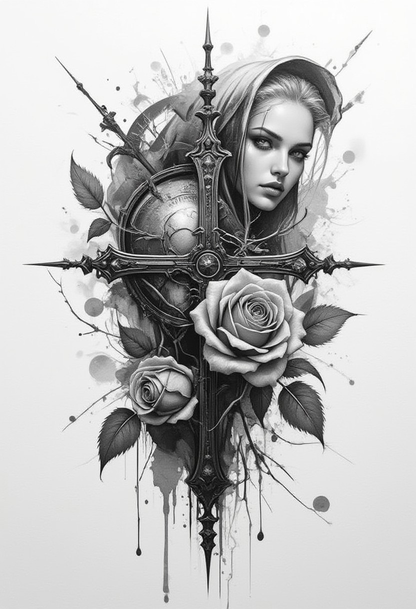 horror, monster, nightmare, fear, illustration, watercolor,
A captivating tattoo sketch, featuring a blend of UFO-style studio shading, a black and white photo of a cross and a rose, and a conceptual design combining elements of realism and 3D. The tattoo design is a creative mix of styles inspired by Jean Baptiste Monge, Thomas Kinkade, David Palumbo, and Carn Griffiths. The black and white ink adds depth and contrast, while the Orthodox symbolism intertwines with a Dieselpunk aesthetic. The design also includes a striking realistic black and white manga tattoo, showcasing the artist's versatility and skill.