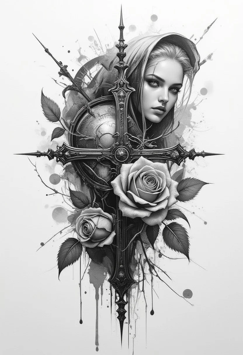 horror, monster, nightmare, fear, illustration, watercolor,
A captivating tattoo sketch, featuring a blend of UFO-style studio shading, a black and white photo of a cross and a rose, and a conceptual design combining elements of realism and 3D. The tattoo design is a creative mix of styles inspired by Jean Baptiste Monge, Thomas Kinkade, David Palumbo, and Carn Griffiths. The black and white ink adds depth and contrast, while the Orthodox symbolism intertwines with a Dieselpunk aesthetic. The design also includes a striking realistic black and white manga tattoo, showcasing the artist's versatility and skill.