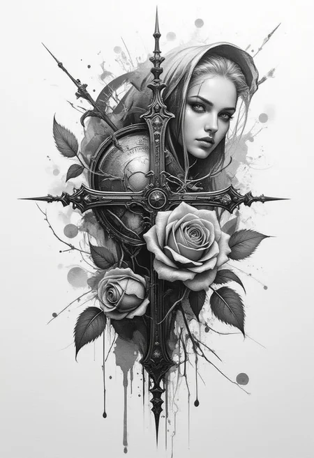 horror, monster, nightmare, fear, illustration, watercolor,
A captivating tattoo sketch, featuring a blend of UFO-style studio shading, a black and white photo of a cross and a rose, and a conceptual design combining elements of realism and 3D. The tattoo design is a creative mix of styles inspired by Jean Baptiste Monge, Thomas Kinkade, David Palumbo, and Carn Griffiths. The black and white ink adds depth and contrast, while the Orthodox symbolism intertwines with a Dieselpunk aesthetic. The design also includes a striking realistic black and white manga tattoo, showcasing the artist's versatility and skill.