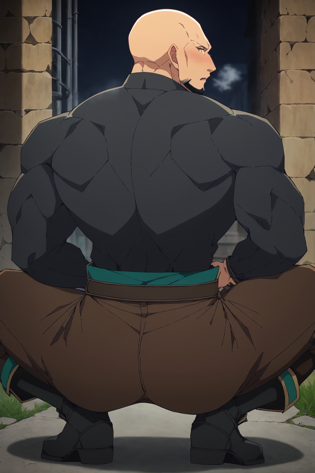score_9,score_8_up,score_7_up,1boy,solo,bara,handsome,muscular male,yellow eyes,bald head,Balan,thick body,goatee stubble,large pectorals,large biceps,narrow waist,covered nipples,brown pants,black boots,black bodysuit,open pants,orgasm,heavy breathing,blush,heart-shaped pupils,huge large ass,nsfw,back view,from behind,squatting,full body,looking back,dark dirty alley,medival village,perfect proportions,details face,masterpiece,highres,high quality,intricate detailed,absurdres,perfect lighting,high contrast,vibrant color,vividly,huge filesize,<lora:Balan-V1-PonyModel:1>,<lora:add-detail-xl:1>,<lora:Anime Style 2 SDXL_LoRA_Pony Diffusion V6 XL:0.8>,zPDXL3,