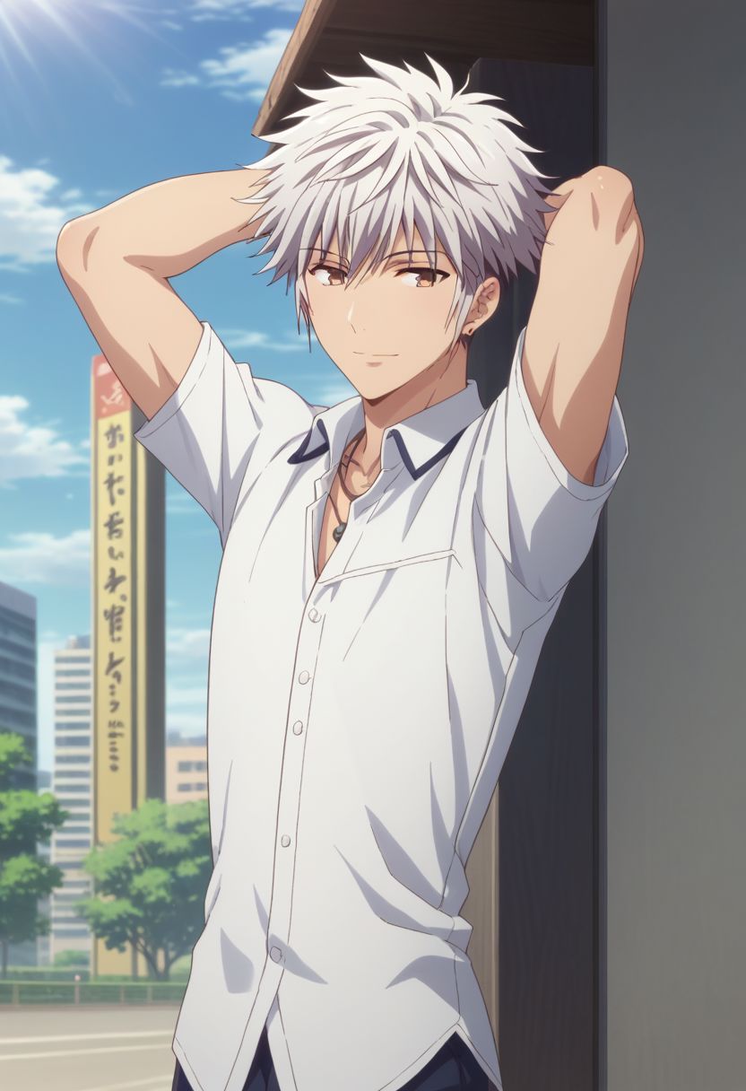score_9, score_8_up, score_7_up, source_anime, highly detailed, 1boy, solo, male_focus, 
haru_sohma, 1boy, male focus, solo, white hair, jewelry, shirt, upper body, arms behind head, closed mouth, back, looking back, smile, soft smile, outiside, street, trees, sky, clouds,