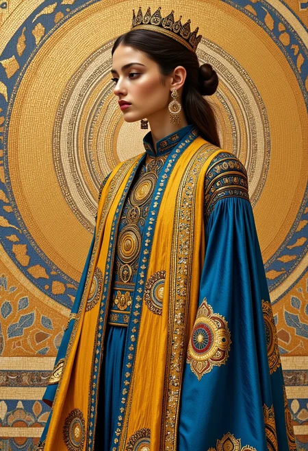 A Byzantine empress with a small crown in front of a large Byzantine mosaic with a very delicate and detailed religious patterns. She stands very close to the wall behind her so that the Byzantine mosaic is sharp and clearly visible. The full body is visible. Her very special dress is an avant-couture gown with mainly gold and blue elements. The image also features jewellery, intricate details and warm colours. midjourney_whisper_avant_couture