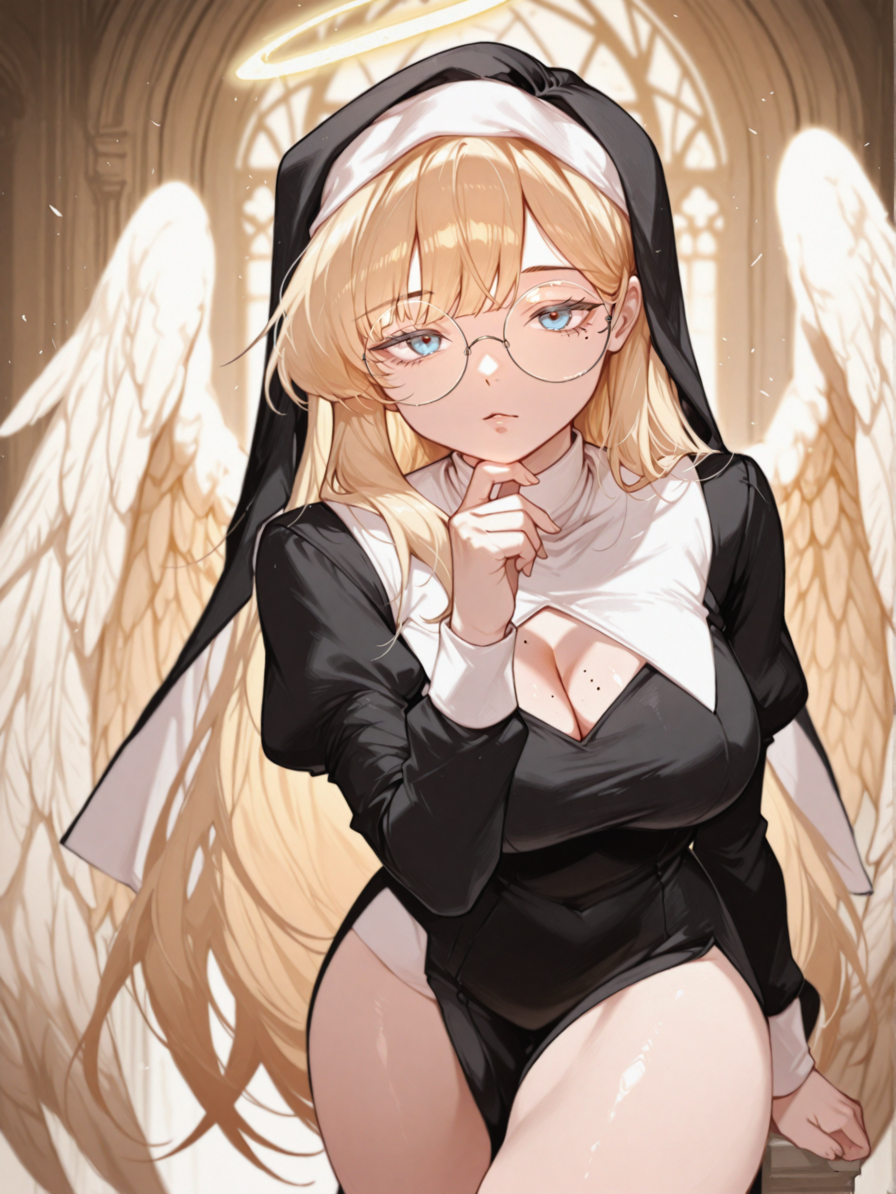 ILXLpos,looking at viewer,angel_cnr, 1girl, blonde hair,very long hair, bangs, blue eyes, mole on breast, mole under eye,round eyewear,  halo,  angel wings,black dress,  long sleeves, cleavage cutout, clothing cutout,  nun,  thighs, finger to own chin,solo,<lora:Angel:0.5>
