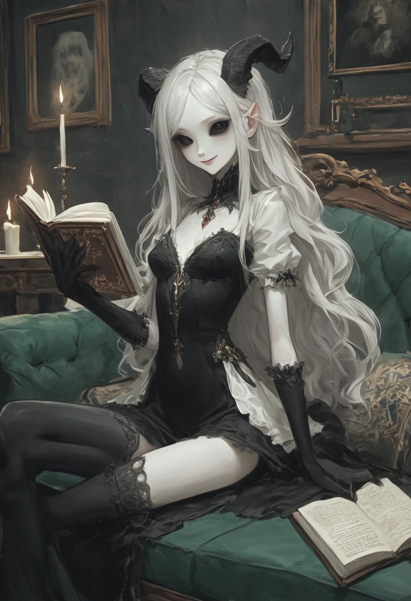 picture of skinny slim girl colored sclera black eyes cute smile pale white skin demon small horns ( black gradient arms:1) white hair elegant Victorian dress cleavage holding book "DARK MAGIC"   sitting on comfortable couch. Table with candle nearby.   <lora:WB2.2:0.8>