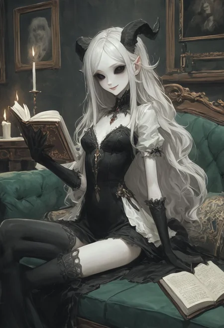 picture of skinny slim girl colored sclera black eyes cute smile pale white skin demon small horns ( black gradient arms:1) white hair elegant Victorian dress cleavage holding book "DARK MAGIC" sitting on comfortable couch. Table with candle nearby. <lora:WB2.2:0.8>