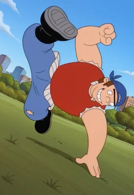 source_cartoon, score_9, score_8_up, score_7_up, High Quality, perfect body, torvald, 1boy, solo, blue bandana, brown hair, black eyes, unibrow, thick eyebrow, big body, red sleeveless shirt, ripped jeans, blue pants, black boots, park, blue sky, grass, simple style, dynamic pose, dynamic view, dynamic Angle, smile,.