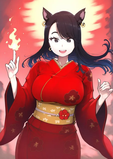 <lora:navigavi:1.2>,1girl, nagami kiyora, huge breasts, , animal ears, black eyes, black hair, cat ears, earrings, fire, floating hair, floral print, flower, japanese clothes, jewelry, kimono, long hair, looking at viewer, obi, open mouth, print kimono, red flower, red kimono, red theme, sash, smile, solo, teeth, upper teeth only, 
very awa, masterpiece, best quality, highres, absurdes,amazing quality