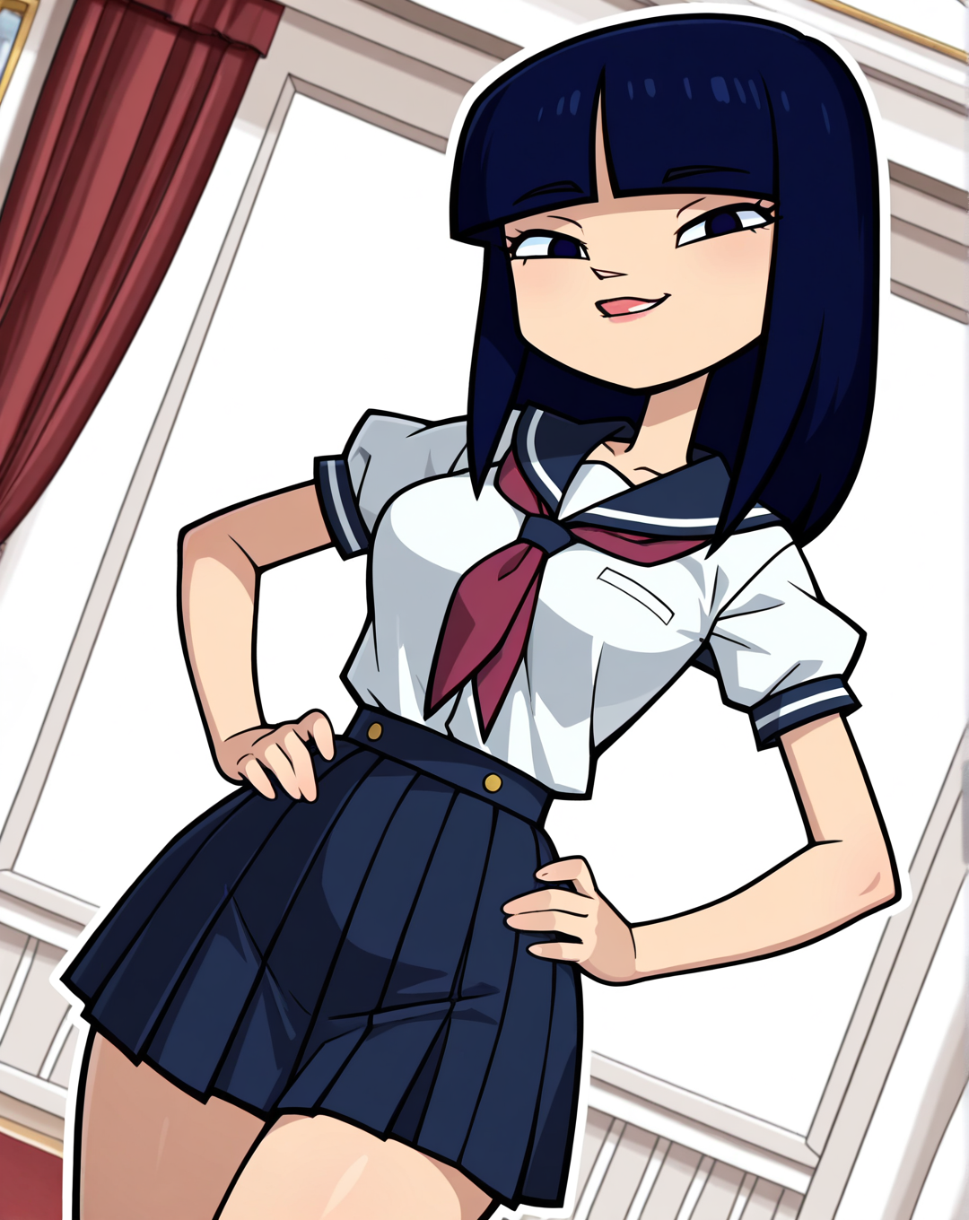 masterpiece, best quality, amazing quality, very aesthetic, absurdres, newest, solo, Debbie_KangZYN, 1girl, solo,dark blue hair, lips, bangs, japanese school uniform, cowboy shot, looking at viewer, beautiful, ((beautiful face, beautiful eyes)), breasts, Wide Hips, Big thighs, standing,(smile, dutch angle, Hands on hips,naughty pose, looking at viewer, indoors, elegant room, solo, dynamic pose, full_body, head tilt,),((white background, White frame, white outline))