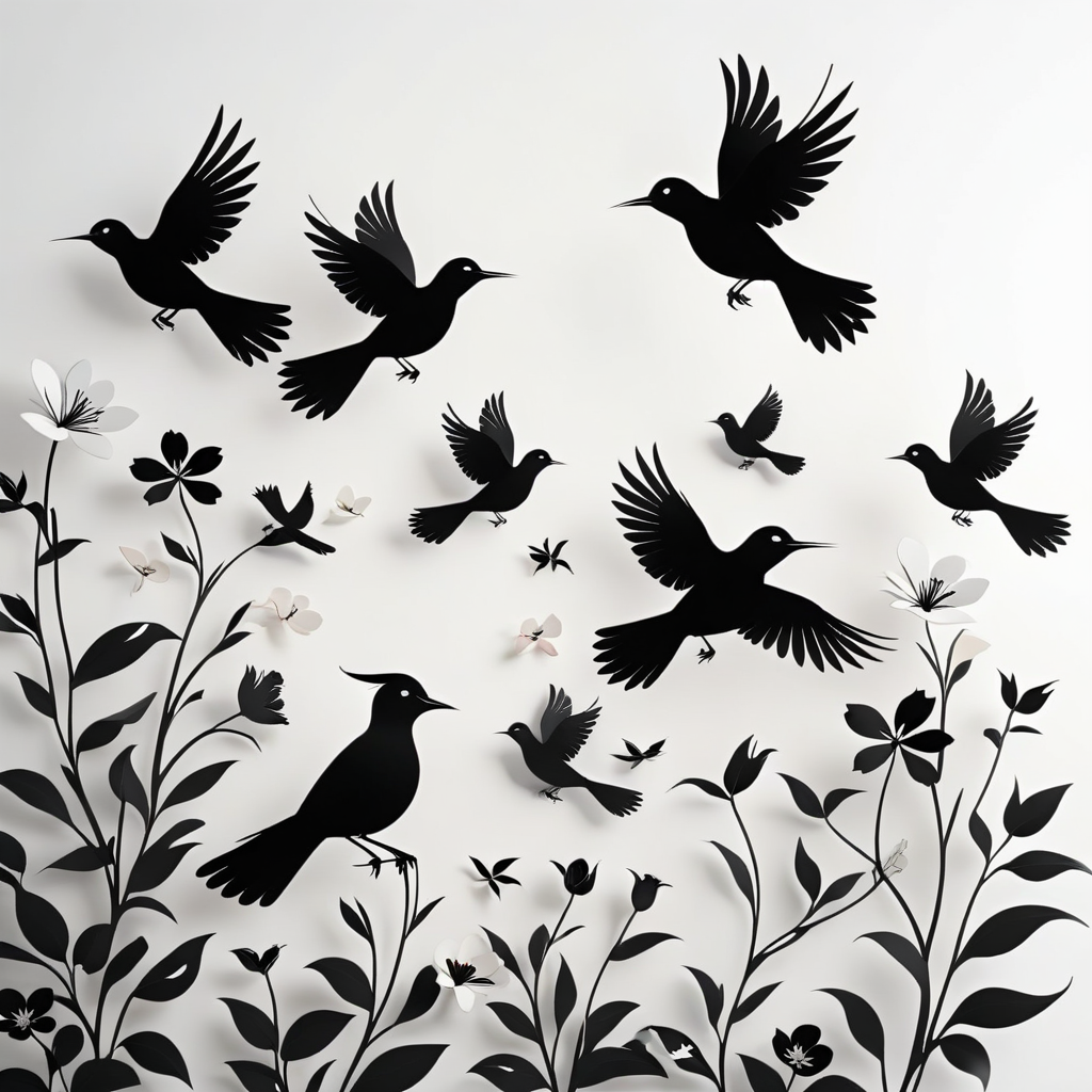 A minimalist and stylized illustration featuring a collection of birds and flowers rendered in black silhouettes. The birds are depicted in various poses, including flying, perching, and standing, with clean and simple lines that create a striking contrast against the white background. The flowers are designed with geometric patterns, adding a modern touch to the natural elements. The composition is sparse and elegant, with ample white space that emphasizes the shapes and forms of the birds and flowers. The overall design is contemporary and visually appealing, showcasing the beauty of nature through a minimalist lens
 <lora:artfullyBIRDS_SDXL_V1:.8>