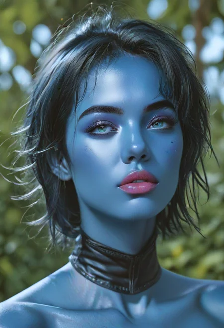 score_9, score_8_up, score_7_up, score_6_up, source_photo, photograph + photo, ultra realistic, lifelike, best quality, uhd, 8k, high resolution, outdoors, epic background + blurry background, 1girl, jodiblue, j0diblu3, ((blue skin)),