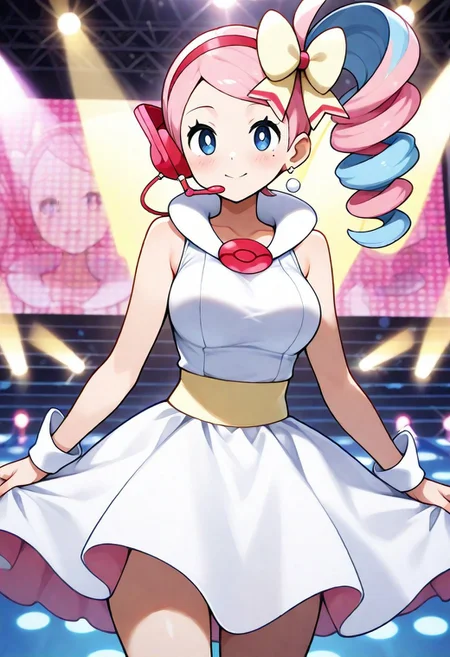 2d, masterpiece, best quality, amazing quality, highres, absurdres, newest, 1girl, solo, cowboy shot, looking at viewer, stage, spotlight, medium breasts, bwnancy, yancy \(pokemon\), blue eyes, white pupils, mole under eye, pink hair, blue hair, multicolored hair, collarbone, bare shoulders, side ponytail, drill hair, hair bow, yellow bow, headset, earrings, hairband, sleeveless dress, wrist cuffs, skirt, white dress