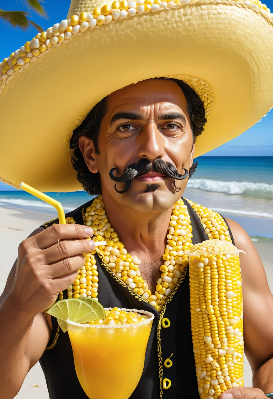 A Mexican man on a beach wearing a corn kernel sombrero and a curled mustache enjoying a cocktail through a straw , Jed-CornK <lora:CornKernelStyle:0.7>