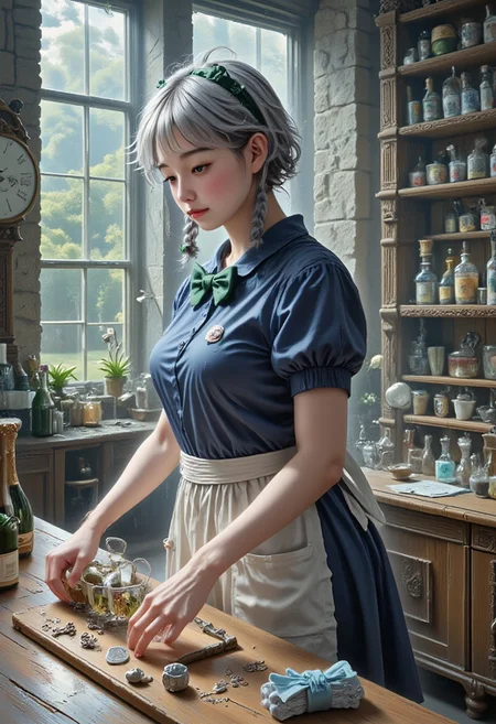 A masterpiece, ultrarealistic, natural colours of morning light, photorealistic scene, intricate interior of a laboratory, rich in detail, chemistry equipment in the background, a clock, (flat chest, lean, small-breasted, tiny tits, bustless, unbuxom, narrowed eyes, nothing clingy, no make-up, without make-up, adult:2),
flat chested experienced scientist Izayoi Sakuya with no make-up is leaning over table, holds a wine bottle and concentrates with narrowed eyes on pouring wine into a row of steaming test tubes lined on the table without paying attention to the viewer, slender, short silver hair, twin braids, green bows, green bowtie, loose blue maid uniform, mid dress, maid headdress, detached collar, white apron, pocket watch,
<lora:Hand v2:1.1> Detailed hand, Hand, Perfect hand,
<lora:ADetailerNetidolFace_flux:1>, ((realistic)), ((fair skin)), ((skinny)), 1girl, idol, jpop, kpop, belle, pretty, petite, parted lips, light smile,
<lora:best_of_flux_v30_rank64_bf16-step01750:1> best_of,