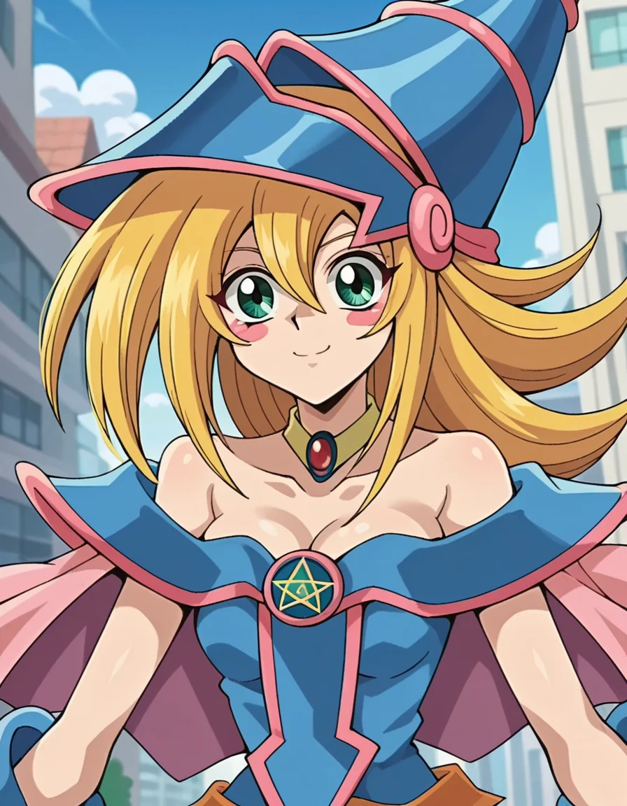 score_9, score_8_up, score_7_up, source_anime,
darkmagiciangirl, <lora:dark-magician-girl-anime-ponyxl-lora-nochekaiser:1>
dark magician girl, blonde hair, choker, green eyes, long hair, blush, blush stickers,
bare shoulders, blue footwear, blush, blush stickers, cleavage, collarbone, duel monster, hat, off shoulder, pentacle, wizard hat,
outdoors, cityscape, smile,
looking at viewer, dutch angle, cowboy shot,