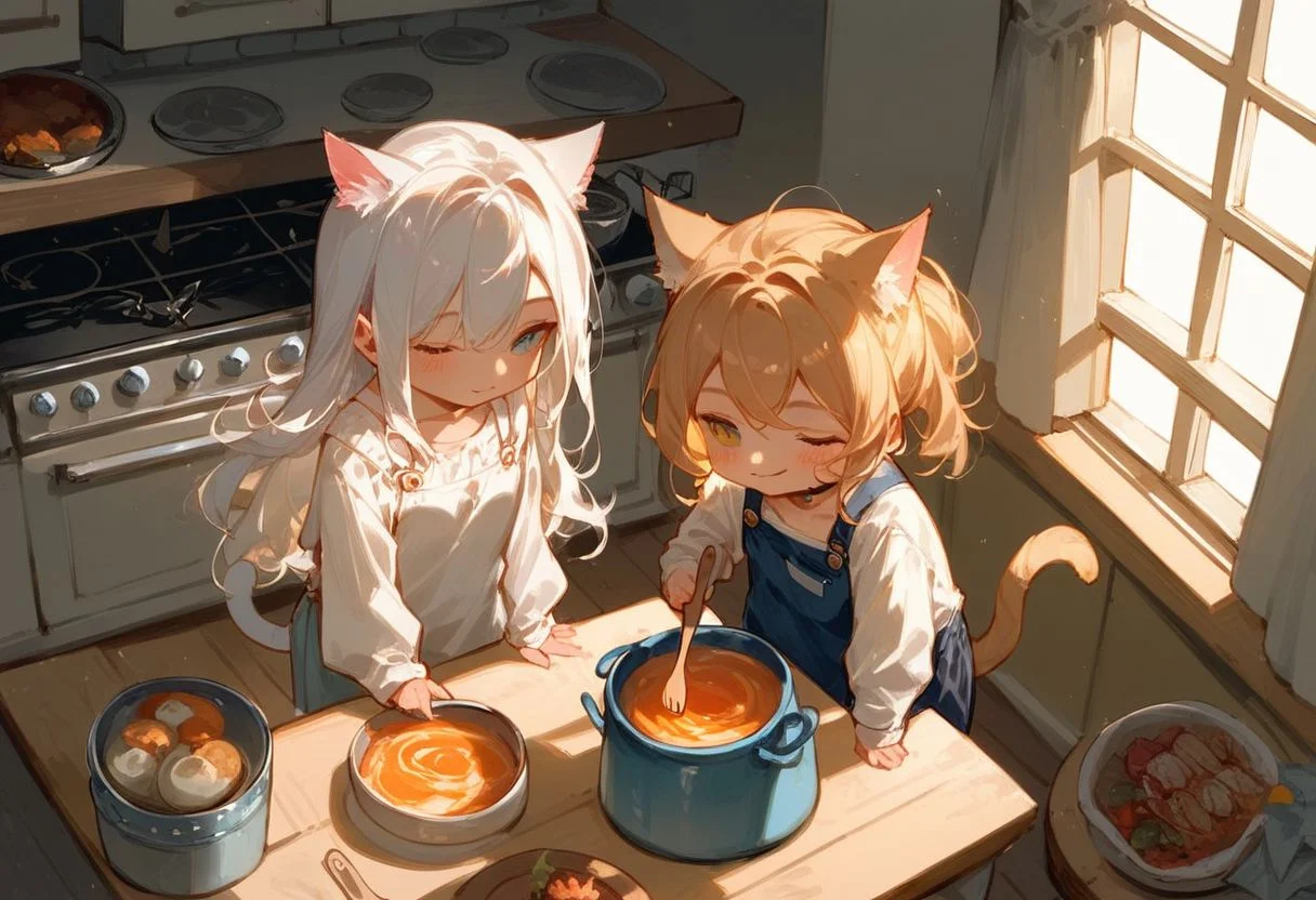score_9, score_8_up, score_7_up, source_cartoon, 2girls,(ultra HD quality details), catgirl, cat ears, slightly chibi, cooking, pot on table, standing next to table, girls looking at pot, hungry , (detailed image, high resolution, 5k resolution:1.0), Expressiveh, kitchen, view from above, warm lighting