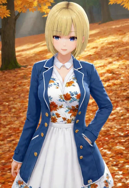 masterpiece, best quality,sensual face, fall theme,autumn theme,blonde hair white dress with flowers,blue jacket,<lora:Ayane_Amamiya:.8>