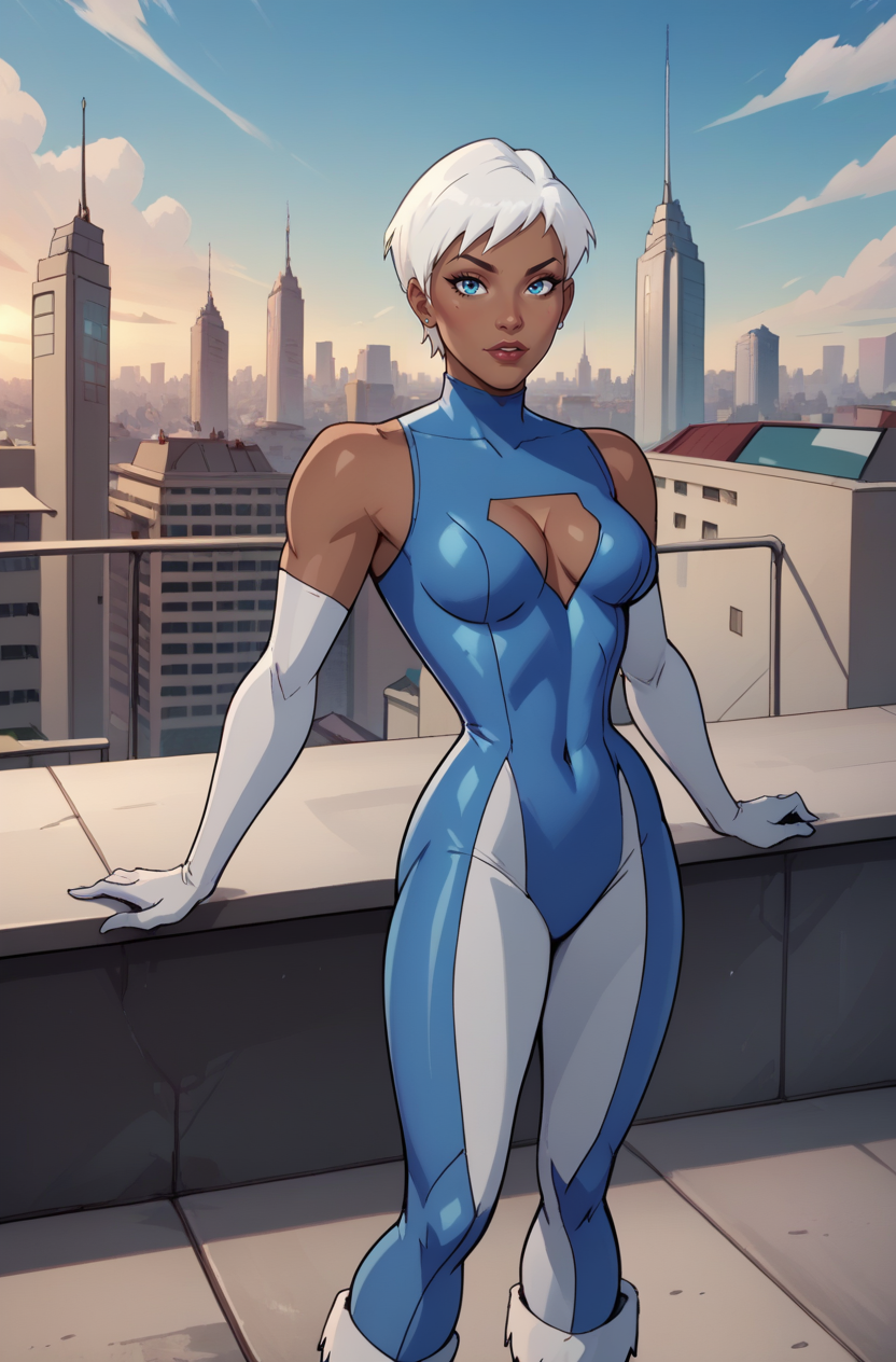 score_9, score_8_up, score_7_up, score_6_up, masterpiece, high quality, perfect face, perfect eyes, JLUIce, 1girl, white hair, short hair, blue eyes, bodysuit, elbow gloves, fur-trimmed boots, cleavage cutout, dark skin, dark-skinned female, white gloves, rooftop, cityscape, ice, ice magic, casting
 <lora:JLUIce-80REPS:1>