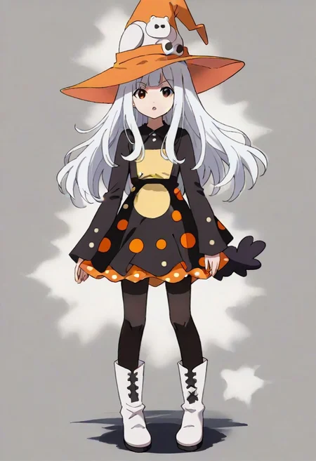 source_anime, anime, (vivid colors, bright colors:1.1),, adult, white hair,long hair,bangs,orange hat, thin hat, witch hat, black dress,black pantyhose,white boots,polka dots,polka dot dress, <lora:Eureka_Frog_v10:1>,