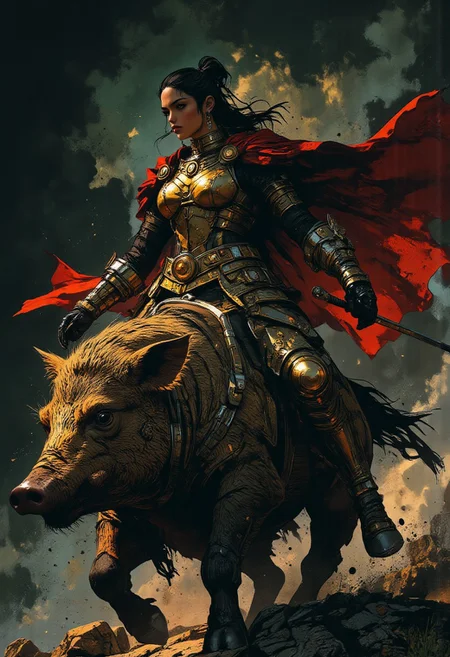 (mythp0rt, Detailed hand, Hand, Perfect hand, midjourney_whisper_avant_couture) A high-resolution photograph of a classical oil painting in a Baroque style that depicts a muscular, strong-jawed woman in full armor riding a wild boar. The woman is positioned slightly to the left and wears a gleaming, ornate suit of armor covering her entire body, including a helmet adorned with intricate designs. Her right hand holds the reins of the massive boar while her left hand grasps a partially visible sword. The powerful boar is mid-gallop, its coarse fur bristling and sharp tusks gleaming, creating a sense of dynamic motion and intensity. The dark, dramatic background features swirling clouds that suggest a stormy, tumultuous scene, adding urgency to the artwork. The woman’s determined expression, with her eyes fixed on the horizon, conveys purposeful direction, while the gold and crimson details on her armor and the boar's harness contrast vividly against the dark setting. The style is highly detailed and realistic, emphasizing the textures of the armor, the musculature of the boar, and the billowing fabric of the woman’s cloak, evoking an overall mood of heroic grandeur.