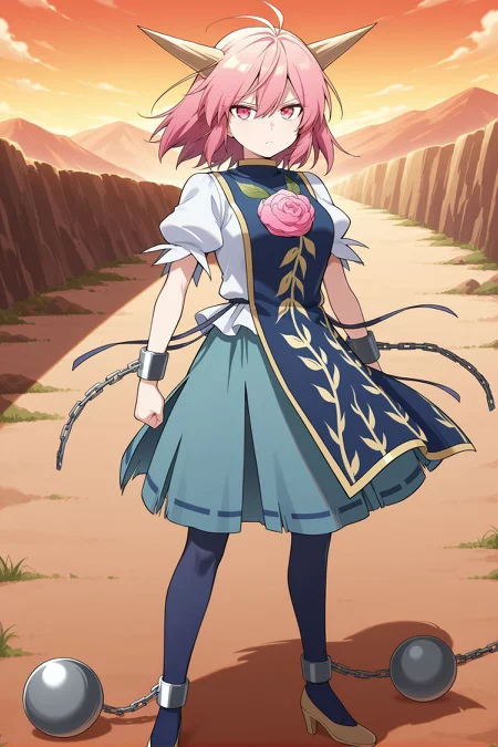 absurdres, highres, masterpiece, best quality, amazing quality, official anime artwork, screencap, anime screencap, looking at viewer, serious, dynamic pose, standing,
<lora:Ibaraki-Doujis-Arm_Illustrious:1> ibaraki douji's arm, 1girl, solo, pink eyes, pink hair, medium hair, horns, medium breasts,, blue tabard, white shirt, puffy short sleeves, aqua skirt, ribbon-trimmed skirt, blue pantyhose, high heels, cuffs, ball and chain restraint, long fingernails, sharp fingernails, outdoors,