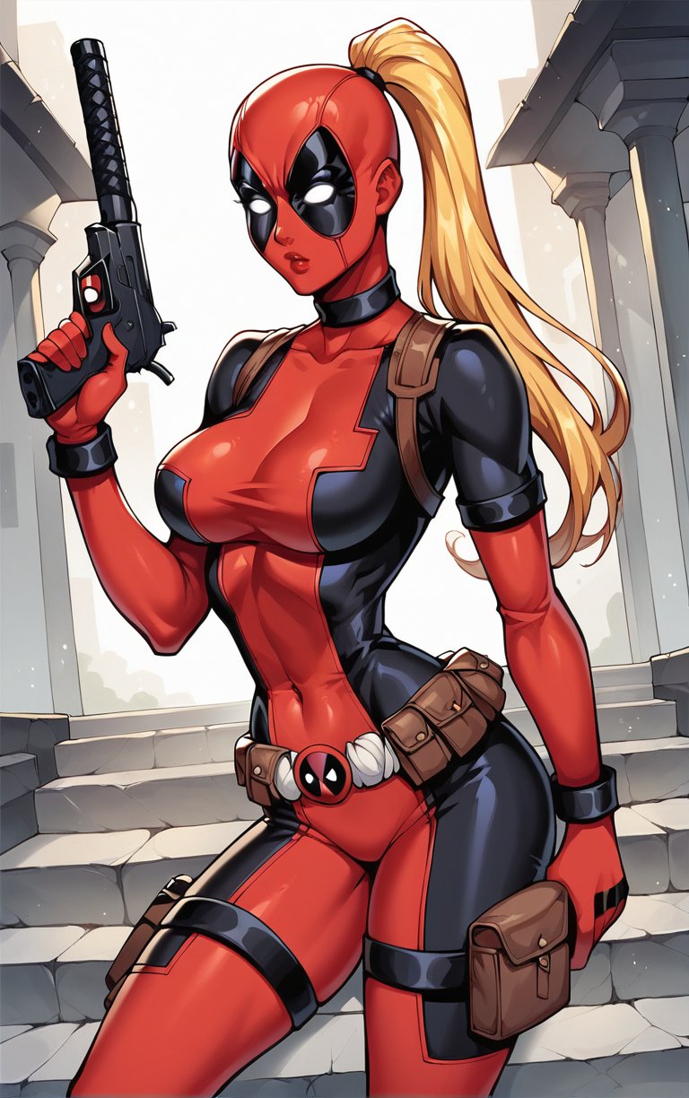 score_9, score_8_up, score_7_up, BREAK 
COMICS_LadyDeadpool_ownwaifu, 
1girl, blonde hair, empty eyes, high ponytail, large breasts, masked,  superhero, toned, very long hair, white eyes, mask, long hair, no pupils, narrow waist, 
bodysuit,  red bodysuit, black bodysuit, brown belt, multicolored bodysuit, belt pouch, utility belt, skin tight, belt, holster, gloves, pouch, covered navel, armor, choker, thigh strap, thigh holster, thigh pouch, ninja,
(sitting on stairs, dappled sunlight), summer, torii, stairs, stone lantern, sunlight, pavement, outdoors,<lora:PONYXL_COMICS_LadyDeadpool_ownwaifu:0.80>, solo,