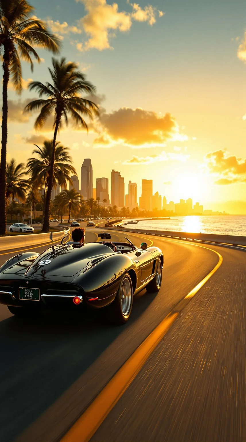 A sweeping shot of a sleek vintage sports car, its glossy black finish radiating golden highlights as it cruises along the Miami Beach coastal highway at sunset. The ocean glistens like molten gold beneath the fading light, with the retro skyline rising in the background - a radiant blend of gold and shadowy silhouettes. Neon accents pulse softly in warm amber tones, harmonizing with the golden horizon. Palms sway gently, their fronds catching the sun's final rays, casting a dreamy, nostalgic ambiance. The driver, carefree and joyful, savors the experience as the setting sun dips below the horizon.