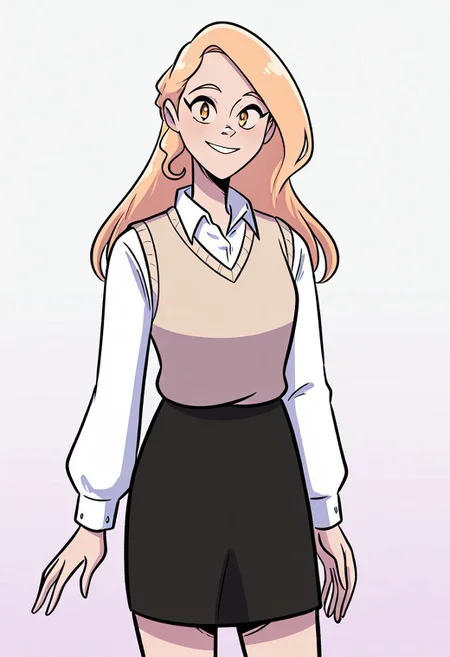 emma (character), 1girl, solo, skirt, long hair, shirt, sweater vest, black skirt, blonde hair, white shirt, long sleeves, looking at the viewer, smile