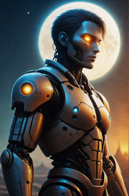 (masterpiece:1.2), (photo of a partially buried cyborg, sandblasted and rusted, their robotic arm reaching towards a flickering sun Emphasizing the harsh environment, with cracked lenses and fading paint details:1.1), (bathed in the cold light of a holographic moon:1.1), (art by Cyril Rolando:1.4), (close-up shot:1.0), (hyperdetailed:1.1), (intricate details:1.0), (Refined details:1.1), (best quality:1.1), (high resolution:1.2)