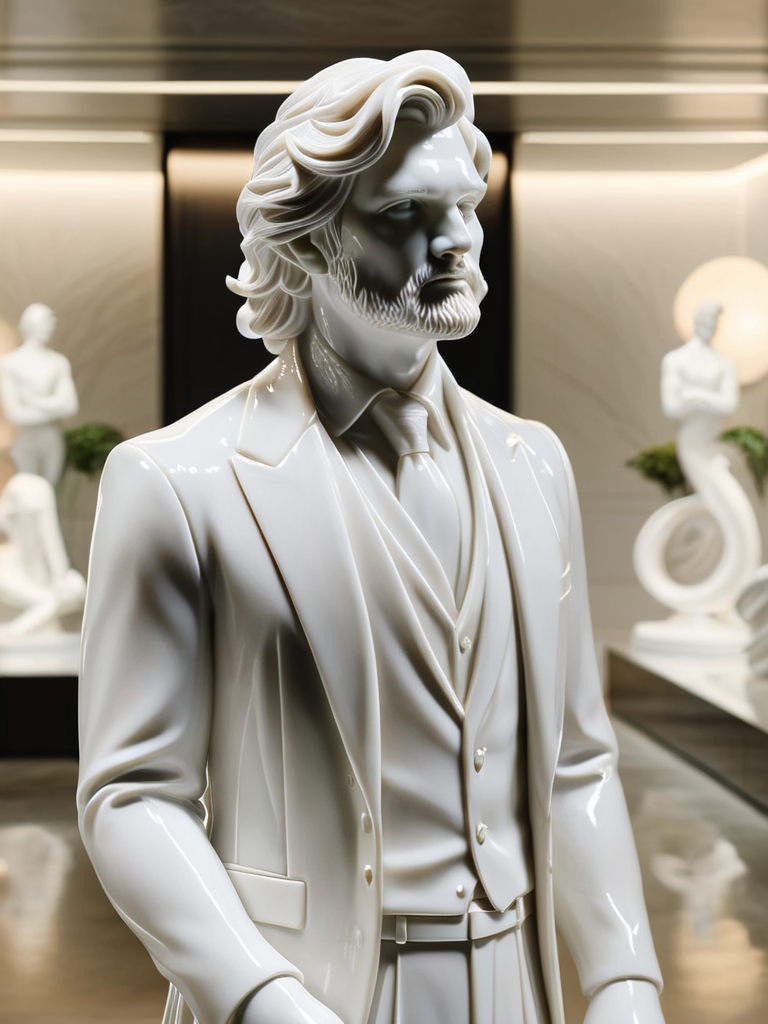 a statue of a man with a flowing hair <lora:ral-porcelain-sdxl:1> ral-porcelain