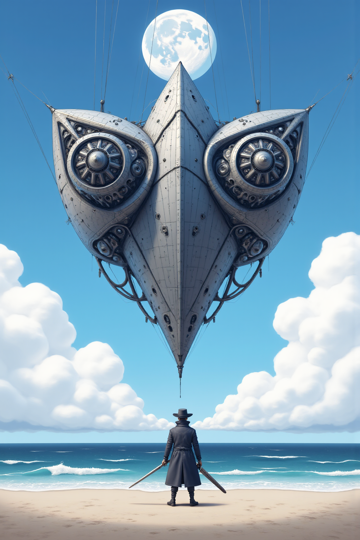 YFG-Ge0m, Art by Ronan Le Fur. A digital illustration shoot from below about a futuristic airship floating over the ocean with a large full moon in the sky, featuring a man standing in front of it. the image also shows a serene beach with a vast expanse of blue sky and ocean in the background. on the middle of the image, a man, who appears to be in his mid-twenties, is standing with his back to the viewer, wearing a long coat and hat, holding a sword in his hand. he is facing away from the camera, with a serious expression on his face. the man is standing on a sandy beach, with the ocean stretching out behind him, and the sky is filled with fluffy white clouds. the airship itself is a large, metallic structure with intricate details, suspended in mid-air by thin ropes, and has two large, circular engines visible. it has a futuristic design with a sleek, metallic finish, and is suspended from the sky by thin wires.