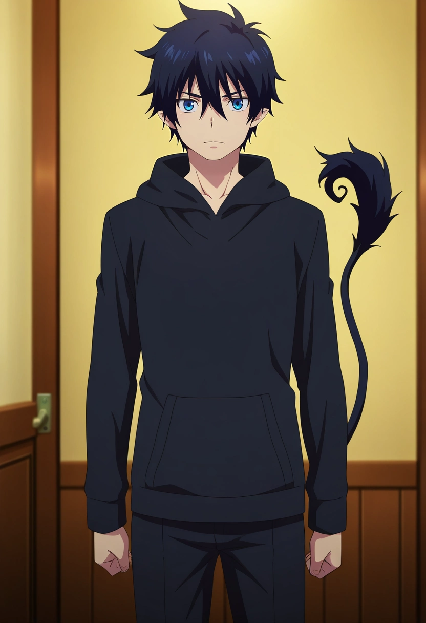 masterpiece, best quality, , anime screencap, , , looking at viewer, , 1boy, solo, male focus, <lora:rin_okumura_ilxl:0.9>, rin_okumura, black hair, blue eyes, short hair, hair between eyes, , tail, , , burglar costume