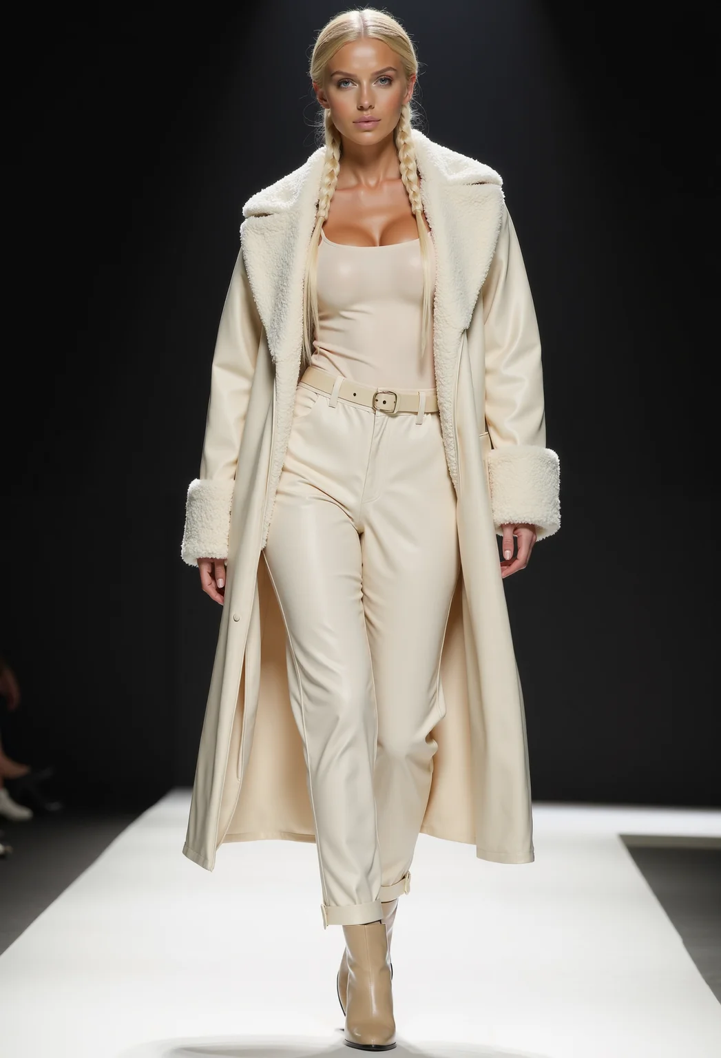 full body shot, beautiful woman, blond braided hair, clo023, wearing a closed longline cream coat, shearling collar and cuffs, belted at the waist, top, trousers, boots, walking on a catwalk, spotlight at her