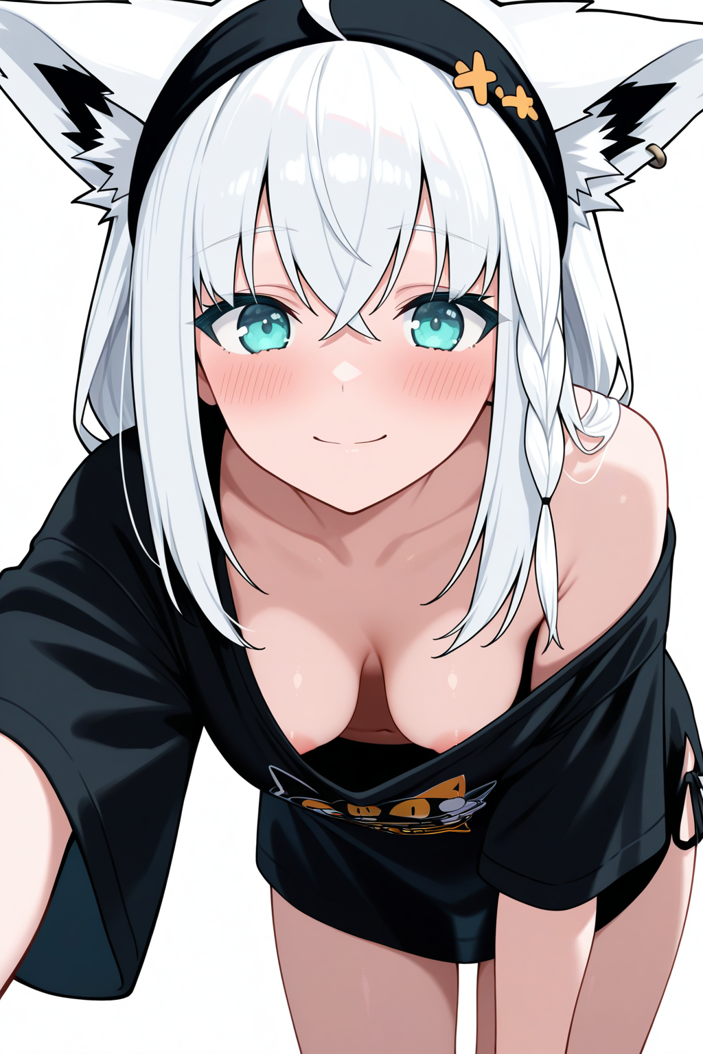 shirakami fubuki, shirakami fubuki \(loungewear\), 1girl, ahoge, animal ear fluff, animal ear piercing, animal ears, aqua eyes, black headband, black shirt, blush, breasts, closed mouth, downblouse, extended downblouse, fox ears, fox girl, headband, leaning forward, long hair, looking at viewer, medium breasts, navel, nipples, shirt, simple background, single bare shoulder, single off shoulder, smile, solo, virtual youtuber, white background, white hair, (masterpiece, best quality, very aesthetic, absurdres, ultra detailed:1.5)