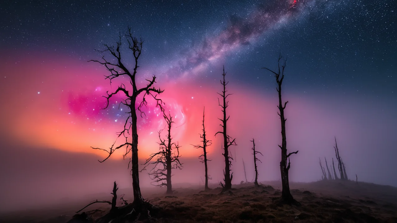 Moors , dead trees in the fog, , night sky, stars, galaxy, , coronal flares, red dwarf, galaxies , ,
photo raw