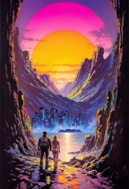 <lora:ck-Neon-Retrowave:1>, ck-nw, in the style of ck-nw,Frank Frazetta fantasy oil painting, a scenery of a city, sundown, sun and mountains in background.
