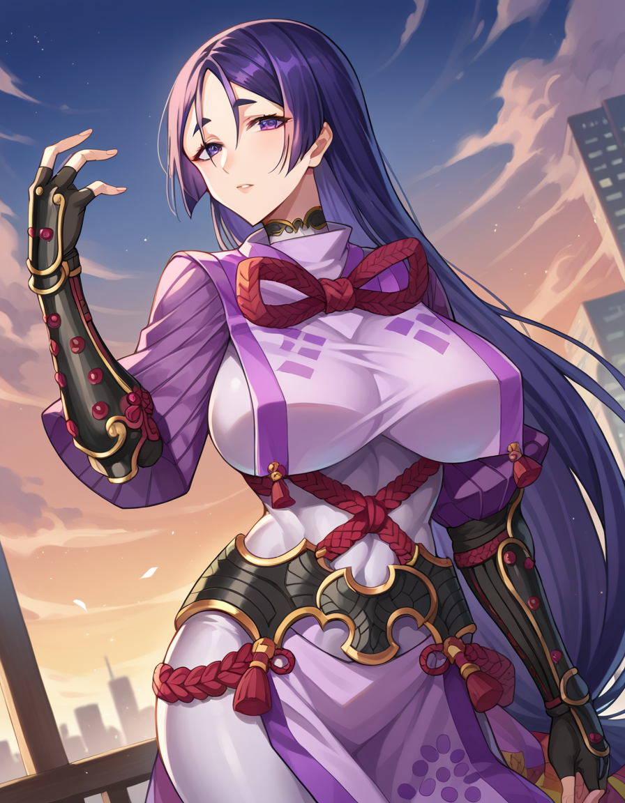 score_9, score_8_up, score_7_up, source_anime,
raikou, <lora:minamoto-no-raikou-ponyxl-lora-nochekaiser:1>,
raikou, parted bangs, purple eyes, purple hair, long hair, hime cut, forehead, mature female,
arm guards, armor, black gloves, bodysuit, fingerless gloves, gloves, japanese armor, kote, loincloth, purple bodysuit, ribbed sleeves, tabard, toned,
outdoors, cityscape, bent over,
looking at viewer, cowboy shot, dutch angle,