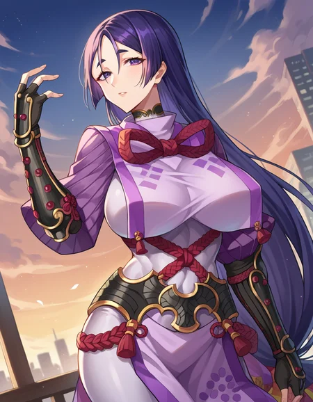 score_9, score_8_up, score_7_up, source_anime,
raikou, <lora:minamoto-no-raikou-ponyxl-lora-nochekaiser:1>,
raikou, parted bangs, purple eyes, purple hair, long hair, hime cut, forehead, mature female,
arm guards, armor, black gloves, bodysuit, fingerless gloves, gloves, japanese armor, kote, loincloth, purple bodysuit, ribbed sleeves, tabard, toned,
outdoors, cityscape, bent over,
looking at viewer, cowboy shot, dutch angle,