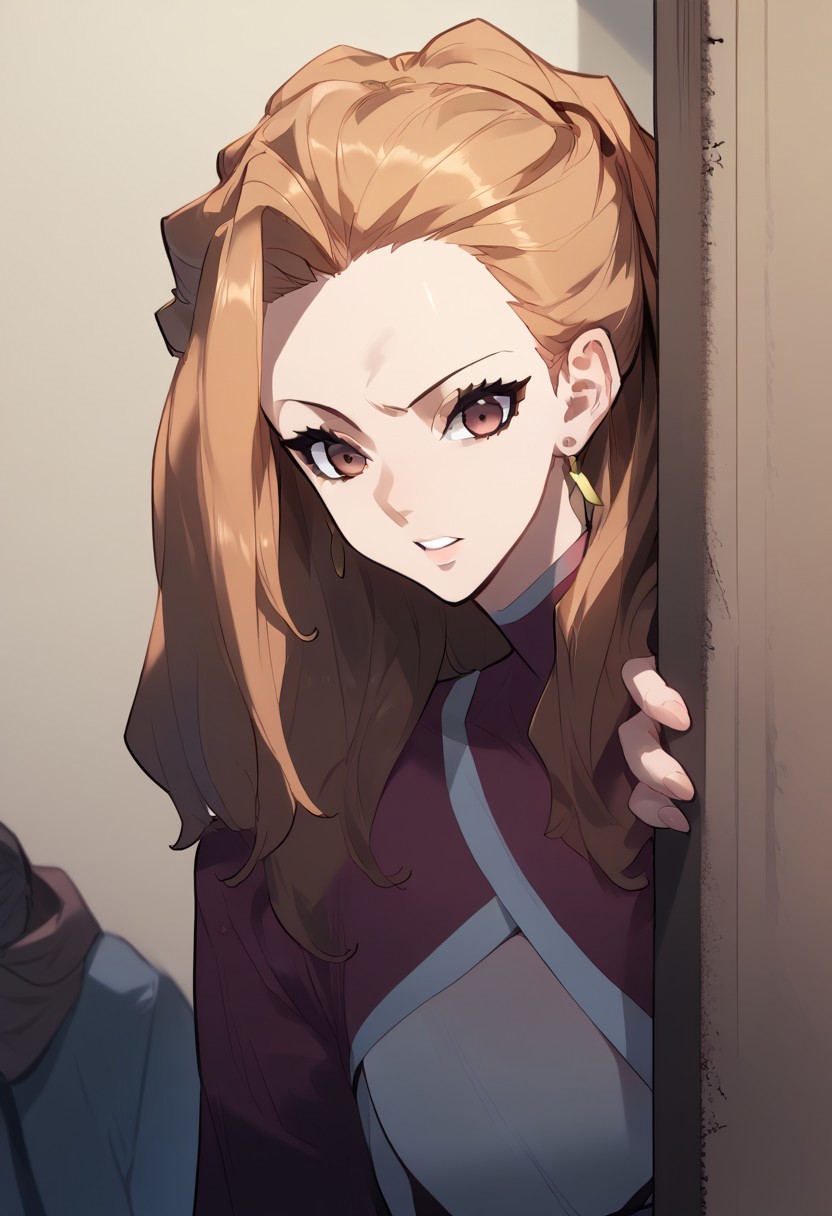 zPDXL3, score_9_up, score_8_up, score_7_up, (Anime_source), 1girl, peeking out, upper body, hiding behind wall, HeoRanju, brown eyes, brownish hair, long hair, Ranju clothes, looking at viewer, parted lips