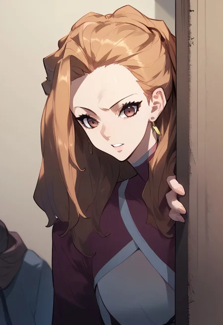 zPDXL3, score_9_up, score_8_up, score_7_up, (Anime_source), 1girl, peeking out, upper body, hiding behind wall, HeoRanju, brown eyes, brownish hair, long hair, Ranju clothes, looking at viewer, parted lips
