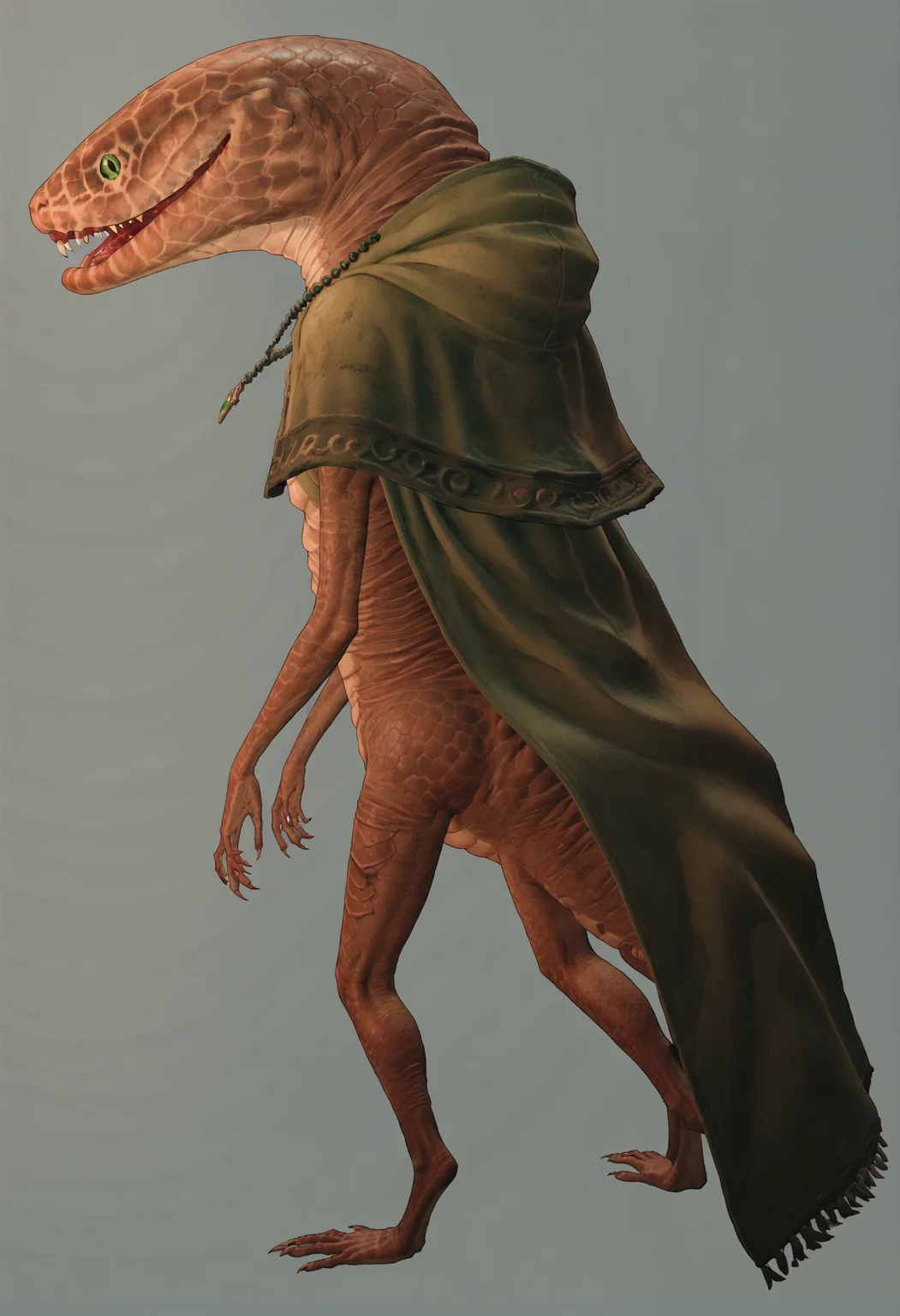 score_9, score_8_up, score_7_up, score_6_up, score_5_up, score_4_up, 1girl, <lora:Zorayas:0.85> solo, no humans, snake, green eyes, monster, scales, teeth, fangs, necklace, jewelry, beads, hood, cloak, looking back, full body, from behind, 
(light blue background:1.15), (simple background),
