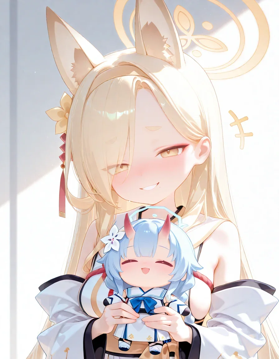 1girl, kaho \(blue archive\), petite, holding doll, character doll, chise \(blue archive\), chibi, full-face blush, sinister smile, (happy, smug:1.2), laugh, 
very awa, masterpiece, best quality, amazing quality, absurd res, hi res, highres, <lora:naitian_epoch_15:0.8>