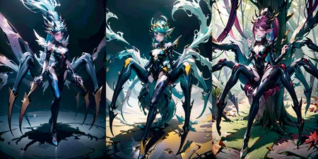 (otherworldly), highly insanely detailed, masterpiece, top quality, best quality, highres, 4k, 8k, RAW photo, (very aesthetic, beautiful and aesthetic), <lora:Spider Queen:0.7>, 
ZZNH, 1girl, solo, breasts, looking at viewer, large breasts, hair ornament, cleavage, jewelry, medium breasts, full body, earrings, pointy ears, fingernails, bodysuit, shadow, monster girl, claws, arthropod girl, taur, spider girl, arachne, multiple legs, (spider:1.2), CG, 
1girl, 
(__lazy-wildcards/char/haircolor__), 
__lazy-wildcards/dataset/background__, (fantasy world)âââ
