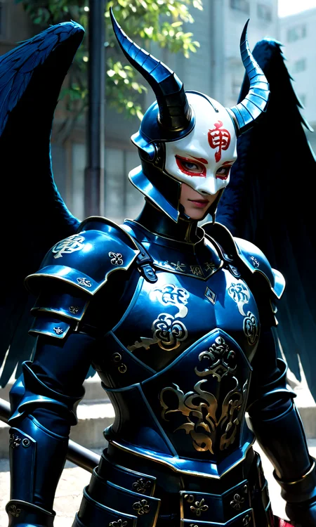 realistic, photorealistic, very aesthetic, best quality, absurdres, masterpiece, best quality, amazing quality, newest, scenery, porcelain mask, helmet, upper body, full armor, holding weapon, horns, 1boy, male focus, mask, midnight1111, solo, standing, wings, realistic, photorealistic, very aesthetic, best quality, absurdres, masterpiece, best quality, amazing quality, newest, scenery, depth of field, Expressiveh, __midnight_gestures__, __midnight_emotions__, embedding:zPDXLrl, embedding:zPDXLxxx, embedding:zPDXL2, embedding:zPDXL3