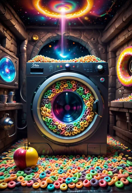 (award winning photo) a close of a washmachine in Jed-Cosmos style,washin some froot loops,  <lora:Jed-Cosmos-sdxl:0.7>, in a magical and dark fantasy atmosphere , 2000s vintage , videogame dungeon , RAW photo, depth of field, sharp focus, photorealistic  backlightning ,made of fruit loops,<lora:SDXLFaeTastic2400:0.8>
