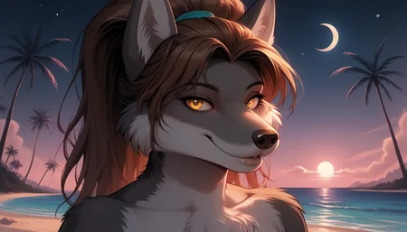 score_9, score_8_up, score_7.up, furry art, portrait, wallpaper, 1girl, solo, female anthro, Furry, anthro, Animal ears, snout, body fur, pony tail, tail. brown hair, wolf ears, yellow eyes, grey fur, wolf girl, chubby, fat girl, looking at viewer, sensual smile, outdoors, synthwave-galaxy, palm tree, beach, star, outdoors, night sky, moon