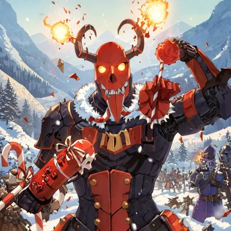 retanime, Mike Deodato, midjourneyv6.1, nutcracker, hyper-detail, hyper-realism, cinematic, intricate detail, detailed background, masterpiece, best quality, high quality, highres, absurdres, very detailed, high resolution, sharp, sharp image, aesthetic, Score_9, score_8_up, score_7_up, score_6, source_anime, vibrant, colorful, retro_artstyle, 1990s_(style), A towering, bulky demon styled like a classic nutcracker, exuding an air of dark holiday whimsy. Its massive frame is covered in deep crimson and black armor with golden accents, evoking the ornate detailing of a nutcracker soldier. Its face is fierce yet exaggerated, with a large mechanical jaw that opens and closes like a nutcracker, revealing sharp, jagged teeth. Horns curl upward like decorative carvings, and its glowing eyes radiate a fiery light. The demon's hands grip a massive candy-cane-striped warhammer with spiked edges, blending festive elements with menace. Snowflakes fall around the scene, the frosty air contrasting with the demonic heat emanating from its hulking body. The backdrop is a dark, snow-covered battlefield, littered with broken ornaments and scorched Christmas decorations, amplifying the theme of a corrupted holiday soldier.